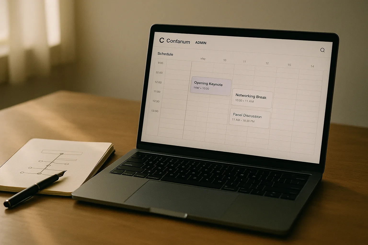 Laptop showing Confanum dashboard with a notebook and hand-sketched event timeline