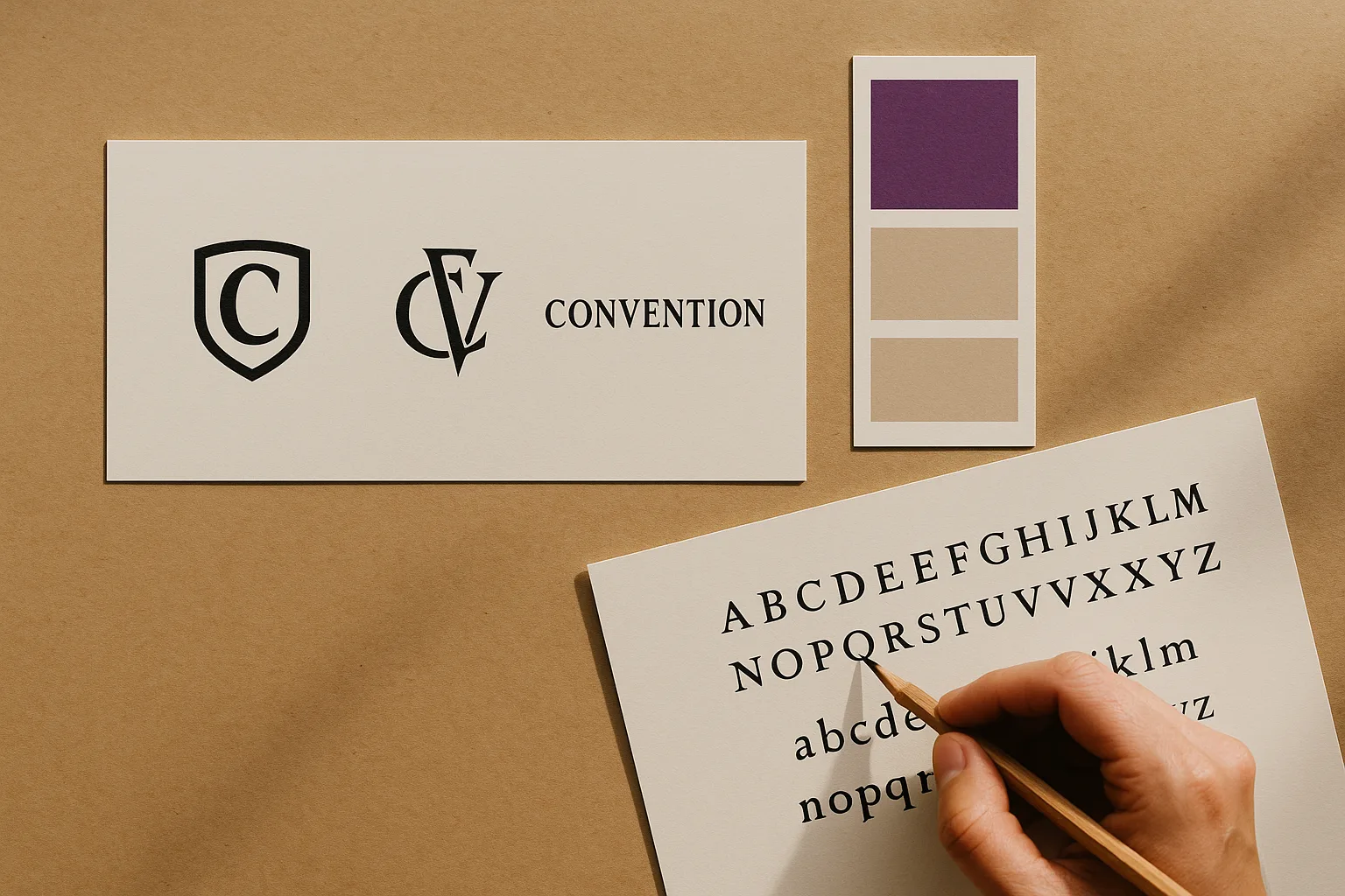 Flat-lay of convention brand board, Pantone swatches, and type specimen