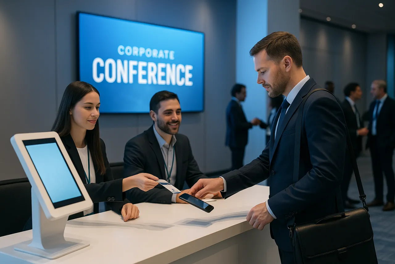 Conference registration desk with badge printing